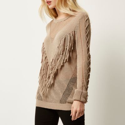 Light brown fringed front knitted jumper
